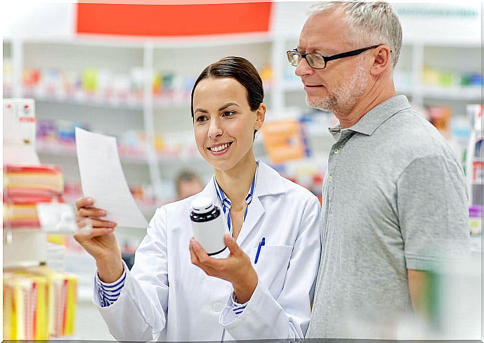 Pharmacist selling medicines.